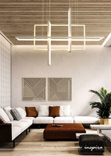 Load image into Gallery viewer, INSPIRA LIFESTYLES - Geometric Rectangles Chandelier, modern geometric chandelier, rectangular LED chandelier, architectural ceiling light, dining table chandelier, kitchen island lighting, contemporary interior lighting