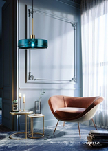Load image into Gallery viewer, INSPIRA LIFESTYLES - Azura Blue Glass Pendant featuring translucent circular blue glass, modern sculptural pendant lighting with minimalist architectural design, ambient blue glass pendant for dining rooms, kitchen islands, bedrooms, living rooms, entryways, restaurants, boutique hotels, and luxury contemporary interiors