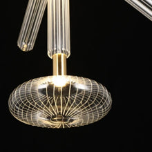 Load image into Gallery viewer, INSPIRA LIFESTYLES | Asterisk Light Sculptural glass pendant light with striped pattern from the Asterisk Light Series, cluster of tubular glass pendants forming a chandelier over stairwell, single striped glass pendant light styled beside bed, modern glass table lamp with striped detailing from the Asterisk Series, floor lamp with sculptural glass shade and minimalist base, high ceiling lighting installation featuring Asterisk pendant cluster, close-up of striped glass tubing on contemporary pendant light.