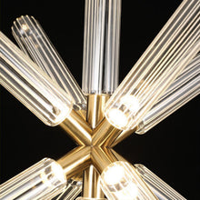 Load image into Gallery viewer, INSPIRA LIFESTYLES | Asterisk Light Sculptural glass pendant light with striped pattern from the Asterisk Light Series, cluster of tubular glass pendants forming a chandelier over stairwell, single striped glass pendant light styled beside bed, modern glass table lamp with striped detailing from the Asterisk Series, floor lamp with sculptural glass shade and minimalist base, high ceiling lighting installation featuring Asterisk pendant cluster, close-up of striped glass tubing on contemporary pendant light.