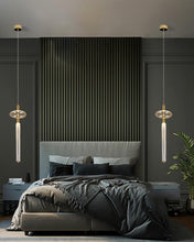 Load image into Gallery viewer, INSPIRA LIFESTYLES | Asterisk Light Sculptural glass pendant light with striped pattern from the Asterisk Light Series, cluster of tubular glass pendants forming a chandelier over stairwell, single striped glass pendant light styled beside bed, modern glass table lamp with striped detailing from the Asterisk Series, floor lamp with sculptural glass shade and minimalist base, high ceiling lighting installation featuring Asterisk pendant cluster, close-up of striped glass tubing on contemporary pendant light.