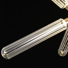 Load image into Gallery viewer, INSPIRA LIFESTYLES | Asterisk Light Sculptural glass pendant light with striped pattern from the Asterisk Light Series, cluster of tubular glass pendants forming a chandelier over stairwell, single striped glass pendant light styled beside bed, modern glass table lamp with striped detailing from the Asterisk Series, floor lamp with sculptural glass shade and minimalist base, high ceiling lighting installation featuring Asterisk pendant cluster, close-up of striped glass tubing on contemporary pendant light.