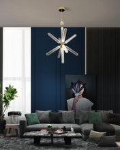 Load image into Gallery viewer, INSPIRA LIFESTYLES | Asterisk Light Sculptural glass pendant light with striped pattern from the Asterisk Light Series, cluster of tubular glass pendants forming a chandelier over stairwell, single striped glass pendant light styled beside bed, modern glass table lamp with striped detailing from the Asterisk Series, floor lamp with sculptural glass shade and minimalist base, high ceiling lighting installation featuring Asterisk pendant cluster, close-up of striped glass tubing on contemporary pendant light.