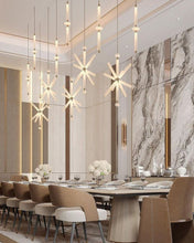 Load image into Gallery viewer, INSPIRA LIFESTYLES | Asterisk Light Sculptural glass pendant light with striped pattern from the Asterisk Light Series, cluster of tubular glass pendants forming a chandelier over stairwell, single striped glass pendant light styled beside bed, modern glass table lamp with striped detailing from the Asterisk Series, floor lamp with sculptural glass shade and minimalist base, high ceiling lighting installation featuring Asterisk pendant cluster, close-up of striped glass tubing on contemporary pendant light.