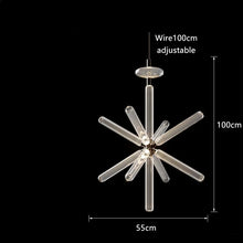 Load image into Gallery viewer, INSPIRA LIFESTYLES | Asterisk Light Sculptural glass pendant light with striped pattern from the Asterisk Light Series, cluster of tubular glass pendants forming a chandelier over stairwell, single striped glass pendant light styled beside bed, modern glass table lamp with striped detailing from the Asterisk Series, floor lamp with sculptural glass shade and minimalist base, high ceiling lighting installation featuring Asterisk pendant cluster, close-up of striped glass tubing on contemporary pendant light.