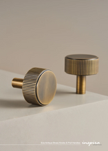 Load image into Gallery viewer, INSPIRA LIFESTYLES - Eos Antique Brass Knobs & Pull Handles, ribbed brass cabinet hardware, solid brass pull handles, antique brass cabinet knobs, ribbed drawer pulls, luxury cabinet hardware, kitchen cabinet handles, bathroom vanity hardware, wardrobe brass handles