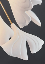 Load image into Gallery viewer, INSPIRA LIFESTYLES - Sculptural Leaf Chandelier, porcelain ginkgo chandelier, cascading porcelain leaf light, gold canopy chandelier, modern statement ceiling light, dining room chandelier, kitchen island pendant light, living room accent lighting, stairwell chandelier, contemporary sculptural light fixture, minimalist gold chandelier, transitional interior lighting, luxury porcelain chandelier, designer lighting fixture