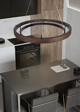 Load image into Gallery viewer, INSPIRA LIFESTYLES – Anello Duo Chandelier – sculptural two-tier chandelier with wood-patterned ring and matte black ring. Modern LED light fixture for dining rooms, living rooms, stairwells, offices, and transitional interiors.