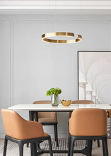 Load image into Gallery viewer, INSPIRA LIFESTYLES – Cuff Circular Pendant, modern ring chandelier in rose gold, gold, black, and white, minimalist circular LED pendant light for dining rooms, conference rooms, double-height spaces, and contemporary interiors
