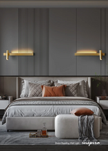 Load image into Gallery viewer, INSPIRA LIFESTYLES – Dueci Reading Wall Light, modern multi-directional reading light, up and down LED wall lamp, architectural bedside lighting, Italian minimalist wall sconce, contemporary wall light with adjustable head, 90 degree pivot reading sconce, dual directional wall fixture, bedroom reading light, living room accent lighting, hotel guest room lighting, solid copper wall light, gold wall light, black wall light, linear architectural sconce, linear wall light, linear LED wall light, wall sconce