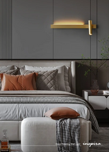 Load image into Gallery viewer, INSPIRA LIFESTYLES – Dueci Reading Wall Light, modern multi-directional reading light, up and down LED wall lamp, architectural bedside lighting, Italian minimalist wall sconce, contemporary wall light with adjustable head, 90 degree pivot reading sconce, dual directional wall fixture, bedroom reading light, living room accent lighting, hotel guest room lighting, solid copper wall light, gold wall light, black wall light, linear architectural sconce, linear wall light, linear LED wall light, wall sconce