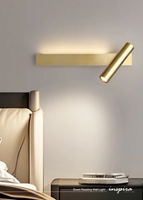 Load image into Gallery viewer, INSPIRA LIFESTYLES – Dueci Reading Wall Light, modern multi-directional reading light, up and down LED wall lamp, architectural bedside lighting, Italian minimalist wall sconce, contemporary wall light with adjustable head, 90 degree pivot reading sconce, dual directional wall fixture, bedroom reading light, living room accent lighting, hotel guest room lighting, solid copper wall light, gold wall light, black wall light, linear architectural sconce, linear wall light, linear LED wall light, wall sconce