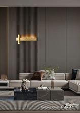 Load image into Gallery viewer, INSPIRA LIFESTYLES – Dueci Reading Wall Light, modern multi-directional reading light, up and down LED wall lamp, architectural bedside lighting, Italian minimalist wall sconce, contemporary wall light with adjustable head, 90 degree pivot reading sconce, dual directional wall fixture, bedroom reading light, living room accent lighting, hotel guest room lighting, solid copper wall light, gold wall light, black wall light, linear architectural sconce, linear wall light, linear LED wall light, wall sconce