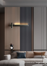 Load image into Gallery viewer, INSPIRA LIFESTYLES – Dueci Reading Wall Light, modern multi-directional reading light, up and down LED wall lamp, architectural bedside lighting, Italian minimalist wall sconce, contemporary wall light with adjustable head, 90 degree pivot reading sconce, dual directional wall fixture, bedroom reading light, living room accent lighting, hotel guest room lighting, solid copper wall light, gold wall light, black wall light, linear architectural sconce, linear wall light, linear LED wall light, wall sconce