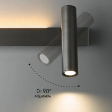 Load image into Gallery viewer, INSPIRA LIFESTYLES – Dueci Reading Wall Light, modern multi-directional reading light, up and down LED wall lamp, architectural bedside lighting, Italian minimalist wall sconce, contemporary wall light with adjustable head, 90 degree pivot reading sconce, dual directional wall fixture, bedroom reading light, living room accent lighting, hotel guest room lighting, solid copper wall light, gold wall light, black wall light, linear architectural sconce, linear wall light, linear LED wall light, wall sconce