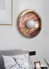 Load image into Gallery viewer, INSPIRA LIFESTYLES Elara Marble Wall Sconce natural jade onyx marble stone wall light circular stone wall sconce frosted globe diffuser modern architectural lighting spa bathroom wall light luxury hospitality wall lighting minimalist stone wall fixture