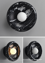 Load image into Gallery viewer, INSPIRA LIFESTYLES Elara Marble Wall Sconce natural jade onyx marble stone wall light circular stone wall sconce frosted globe diffuser modern architectural lighting spa bathroom wall light luxury hospitality wall lighting minimalist stone wall fixture
