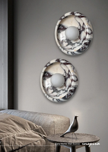 Load image into Gallery viewer, INSPIRA LIFESTYLES Elara Marble Wall Sconce natural jade onyx marble stone wall light circular stone wall sconce frosted globe diffuser modern architectural lighting spa bathroom wall light luxury hospitality wall lighting minimalist stone wall fixture