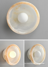 Load image into Gallery viewer, INSPIRA LIFESTYLES Elara Marble Wall Sconce natural jade onyx marble stone wall light circular stone wall sconce frosted globe diffuser modern architectural lighting spa bathroom wall light luxury hospitality wall lighting minimalist stone wall fixture