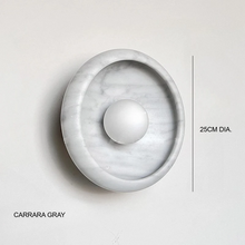Load image into Gallery viewer, INSPIRA LIFESTYLES Elara Marble Wall Sconce natural jade onyx marble stone wall light circular stone wall sconce frosted globe diffuser modern architectural lighting spa bathroom wall light luxury hospitality wall lighting minimalist stone wall fixture