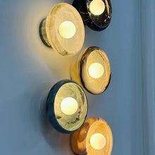 Load image into Gallery viewer, INSPIRA LIFESTYLES Elara Marble Wall Sconce natural jade onyx marble stone wall light circular stone wall sconce frosted globe diffuser modern architectural lighting spa bathroom wall light luxury hospitality wall lighting minimalist stone wall fixture