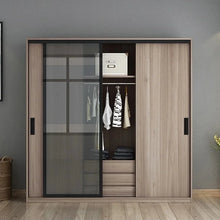 Load image into Gallery viewer, Inspira Lifestyles Lui Recessed Box Handles – Minimalist flush cabinet pulls, matte black and white hardware for sliding doors, drawers, closets, kitchen cabinetry, modern home hardware. Wooden wardrobe with glass panels against a gray wall