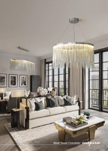 Load image into Gallery viewer, INSPIRA LIFESTYLES - Metal Tassel Chandelier, chain tassel chandelier, luxury metal chandelier, modern tassel pendant light, chrome chain chandelier, rose gold chandelier lighting, hospitality interior lighting
