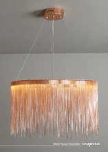 Load image into Gallery viewer, INSPIRA LIFESTYLES - Metal Tassel Chandelier, chain tassel chandelier, luxury metal chandelier, modern tassel pendant light, chrome chain chandelier, rose gold chandelier lighting, hospitality interior lighting