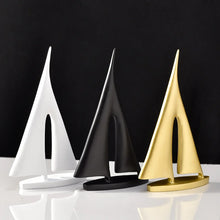 Load image into Gallery viewer, INSPIRA LIFESTYLES - Abstract Sailboat Sculpture, modern resin sailboat decor, minimalist tabletop sculpture, black white gold decorative object for shelving, contemporary office accent, modern home decor