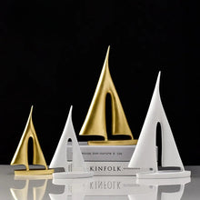 Load image into Gallery viewer, INSPIRA LIFESTYLES - Abstract Sailboat Sculpture, modern resin sailboat decor, minimalist tabletop sculpture, black white gold decorative object for shelving, contemporary office accent, modern home decor