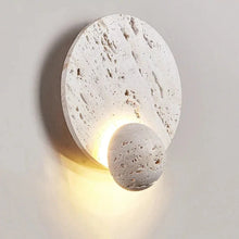 Load image into Gallery viewer, Inspira Lifestyles | Solace Travertine Wall Light – A natural travertine wall sconce designed to bring warmth, organic texture, and ambient lighting to contemporary interior spaces. Ideal as accent lighting in living rooms, bathrooms, stairwells, spas, and wellness-inspired environments. Natural stone wall lighting for both residential and commercial interiors.