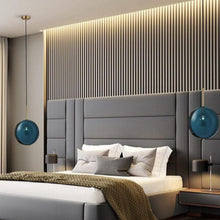 Load image into Gallery viewer, INSPIRA LIFESTYLES - Azura Blue Glass Pendant featuring translucent circular blue glass, modern sculptural pendant lighting with minimalist architectural design, ambient blue glass pendant for dining rooms, kitchen islands, bedrooms, living rooms, entryways, restaurants, boutique hotels, and luxury contemporary interiors