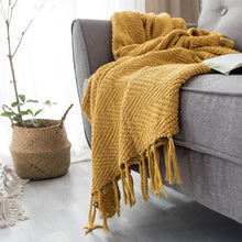 Load image into Gallery viewer, INSPIRA LIFESTYLES - Mustard Chevron Knit Throw - ACCENT THROW, BED THROW, BLANKET, DECORATIVE THROW, KNIT THROW, KNITTED BLANKET, SOFTGOODS, TASSEL THROW, THROW, THROW BLANKET, TRAVEL BLANKET, YARN THROW