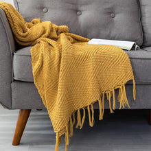 Load image into Gallery viewer, INSPIRA LIFESTYLES - Mustard Chevron Knit Throw - ACCENT THROW, BED THROW, BLANKET, DECORATIVE THROW, KNIT THROW, KNITTED BLANKET, SOFTGOODS, TASSEL THROW, THROW, THROW BLANKET, TRAVEL BLANKET, YARN THROW