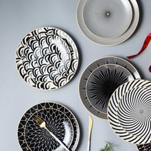 Load image into Gallery viewer, INSPIRA LIFESTYLES - Black & White Graphic Pattern Plate - BLACK & WHITE, DESSERT PLATE, DINNER PLATE, MODERN PLATES, MONOCHROME, PLATE, PLATES, SALAD PLATE, TABLEWARE