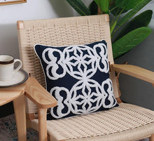 Load image into Gallery viewer, INSPIRA LIFESTYLES - Dark Navy & White Embroidered Pillow - ACCENT PILLOW, ACCESSORIES, BED PILLOW, BLACK AND WHITE, CHAIR PILLOW, COTTON, CUSHION, DECORATIVE PILLOW, EMBROIDERED, HOME ACCESSORIES, PILLOW, SOFA PILLOW, SOFTGOODS, THROW PILLOW