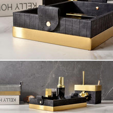 Load image into Gallery viewer, INSPIRA LIFESTYLES - Montage Leather Tray - AMENITIES TRAY, BATHROOM ORGANIZER, DECOR, DECORATIVE TRAY, DISPLAY TRAY, HOME ACCESSORIES, HOME DECOR, HOTEL DECOR, HOTEL TRAY, JEWELRY TRAY, LEATHER TRAY, METAL TRAY, STORAGE TRAYS, TOILETRIES TRAY, TRAY, TRAY HOLDERS, TRAYS