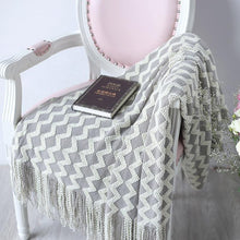 Load image into Gallery viewer, INSPIRA LIFESTYLES - Zigzag Fringe Knit Throw - ACCENT THROW, BED THROW, BLANKET, DECORATIVE THROW, KNIT THROW, KNITTED BLANKET, SOFTGOODS, TASSEL THROW, THROW, THROW BLANKET, TRAVEL BLANKET, YARN THROW