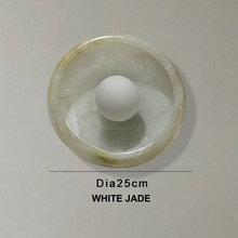 Load image into Gallery viewer, INSPIRA LIFESTYLES Elara Marble Wall Sconce natural jade onyx marble stone wall light circular stone wall sconce frosted globe diffuser modern architectural lighting spa bathroom wall light luxury hospitality wall lighting minimalist stone wall fixture
