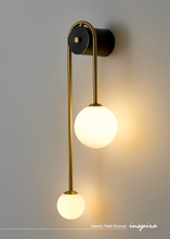 Load image into Gallery viewer, INSPIRA LIFESTYLES - Gentry Wall Sconce, postmodern dual globe wall light, frosted glass wall sconce, contemporary bedside wall lighting, sculptural architectural wall lamp, luxury modern wall light in brass finish

