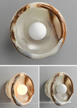 Load image into Gallery viewer, INSPIRA LIFESTYLES Elara Marble Wall Sconce natural jade onyx marble stone wall light circular stone wall sconce frosted globe diffuser modern architectural lighting spa bathroom wall light luxury hospitality wall lighting minimalist stone wall fixture
