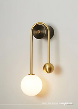 Load image into Gallery viewer, INSPIRA LIFESTYLES - Gentry Wall Sconce, postmodern dual globe wall light, frosted glass wall sconce, contemporary bedside wall lighting, sculptural architectural wall lamp, luxury modern wall light in brass finish
