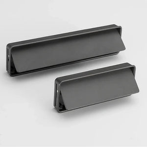 INSPIRA LIFESTYLES | Aero Flush Pull Handles, flush-mounted pull handles, minimalist cabinet hardware, zinc alloy drawer pulls, push-flap mechanism, contemporary kitchen handles, hidden installation hardware, modern wardrobe pulls, space-saving cabinet handles, sleek bathroom hardware, matte black, brushed gold, grey finishes, seamless design, durable drawer pulls, modern interior design, streamlined aesthetics, embedded cabinet pulls, touch-to-open handles