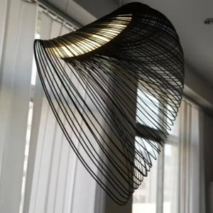 INSPIRA LIFESTYLES | Cascade Wood Chandelier, sculptural pendant light, layered wood lighting, birch wood chandelier, black wood pendant, modern wood chandelier, minimalist lighting, Japandi pendant light, organic form lighting, dining room chandelier, kitchen island pendant, hospitality lighting, contemporary ceiling light