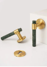 Load image into Gallery viewer, INSPIRA LIFESTYLES - Jade Door Lever Sets, green marble door lever handles with brass accents, cylindrical marble handles, round backplates, contemporary designer door hardware
