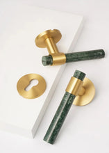 Load image into Gallery viewer, INSPIRA LIFESTYLES - Jade Door Lever Sets, green marble door lever handles with brass accents, cylindrical marble handles, round backplates, contemporary designer door hardware
