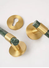 Load image into Gallery viewer, INSPIRA LIFESTYLES - Jade Door Lever Sets, green marble door lever handles with brass accents, cylindrical marble handles, round backplates, contemporary designer door hardware
