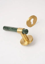 Load image into Gallery viewer, INSPIRA LIFESTYLES - Jade Door Lever Sets, green marble door lever handles with brass accents, cylindrical marble handles, round backplates, contemporary designer door hardware
