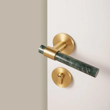 Load image into Gallery viewer, INSPIRA LIFESTYLES - Jade Door Lever Sets, green marble door lever handles with brass accents, cylindrical marble handles, round backplates, contemporary designer door hardware
