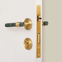 Load image into Gallery viewer, INSPIRA LIFESTYLES - Jade Door Lever Sets, green marble door lever handles with brass accents, cylindrical marble handles, round backplates, contemporary designer door hardware
